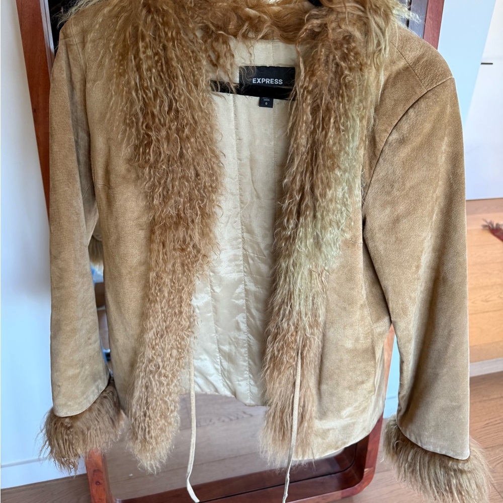 Phoebe from Friends Vintage Express Suede Fur Coat with Plush Faux Fur Trim